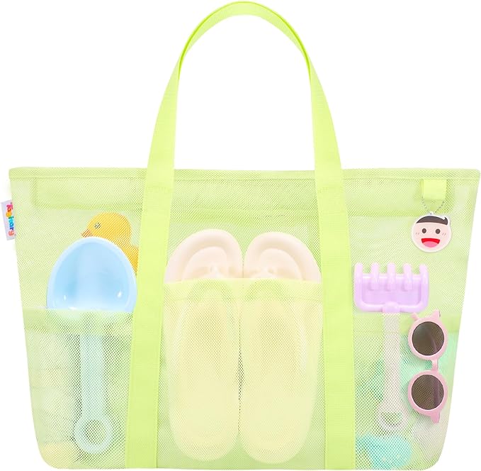 Tagitary Mesh Beach Bag with Zipper Large Beach Tote Waterproof Sandproof with 8 Pockets for Toys Pool Bag Beach Accessories