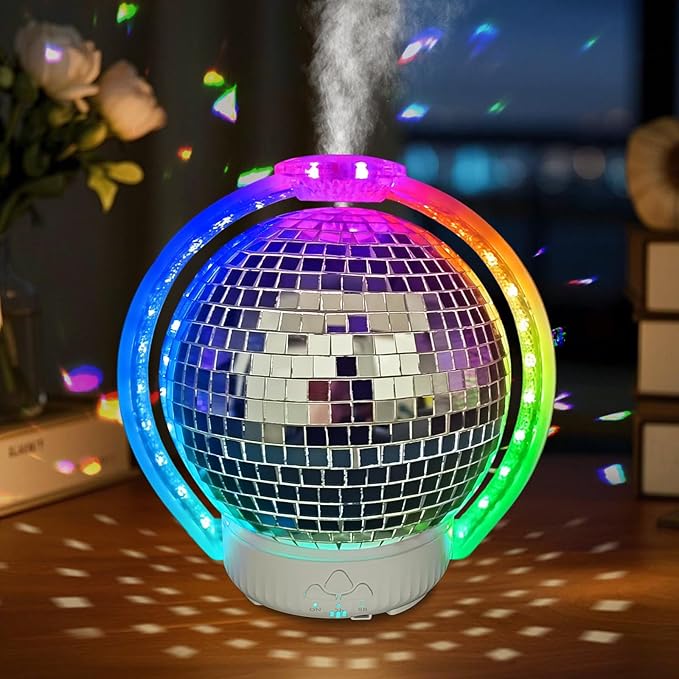 Rotating Disco Ball Diffuser, Mirror Ball Cute Diffuser with RGB Color Night Light, 2Timer Seting & 3 Light Mode Mirror Es...