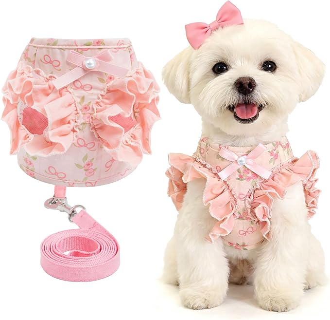 ABRRLO Small Dog Harness and Leash Set Soft Breathable Mesh No Pull Puppy Harness with Bowknot Adjustable Cute Pink Dog Ve...
