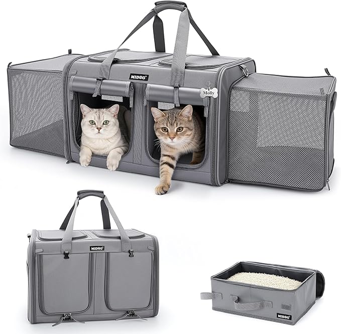 MIDOG 2 Cat Carrier with Litter Box, Expandable Dual Compartment Cat Carrier for 2 Cats, Large Soft Sided Double Pet Carri...
