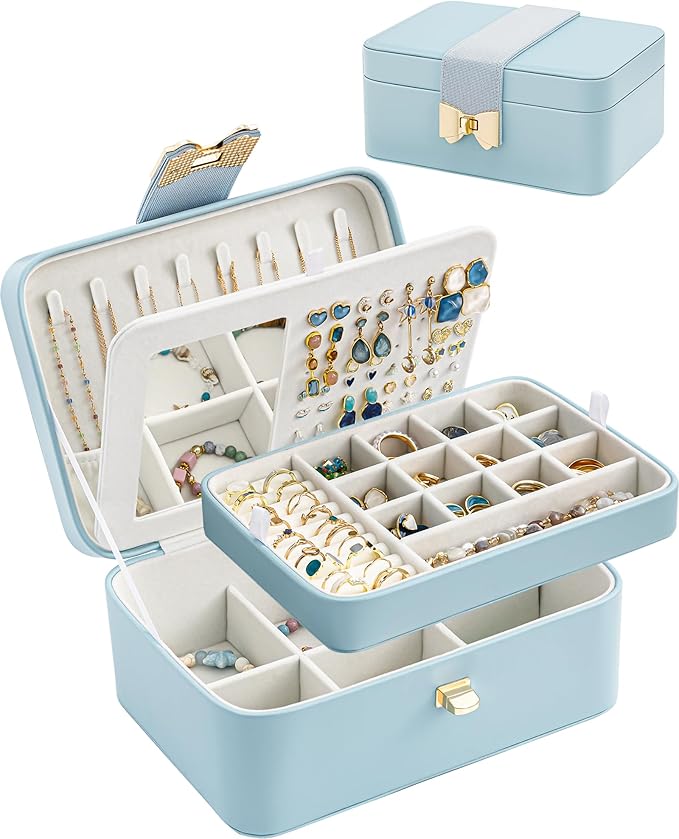 Lolalet 2 Layer Jewelry Box for Teen Girls & Young Women, Jewelry Organizer Case with Bow Clasp and Mirror for Earrings Ri...