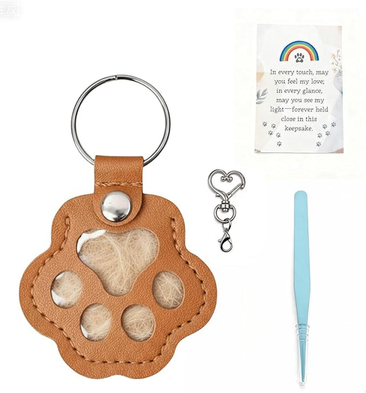 Aurichi Cat & Dog Hair Keychain, Leather Dog Paw Hair Holder Fur Collection Key Chain Keepsake Pet Loss Memorial Gift