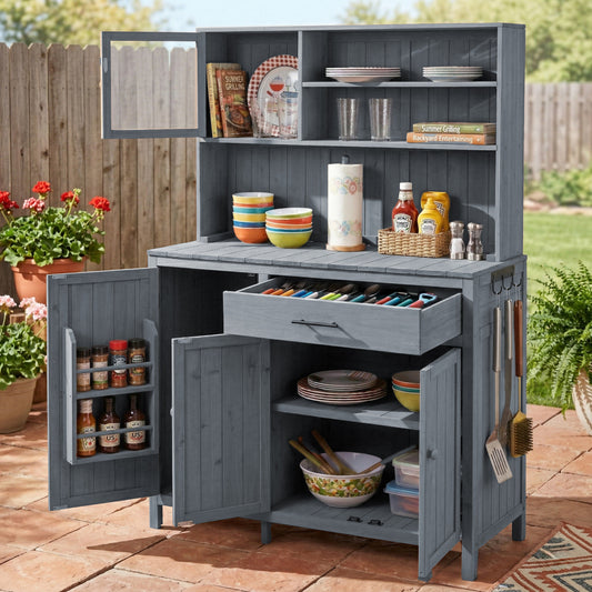 With Assembly Video  TOPAMx Potting Bench With Hutch  65  H Solid Fir Wood Garden Workstation  Large Countertop  Patio Kitchen Island With Adjustable Shelves  Spice Rack  Side Hook And Drawer  Gray