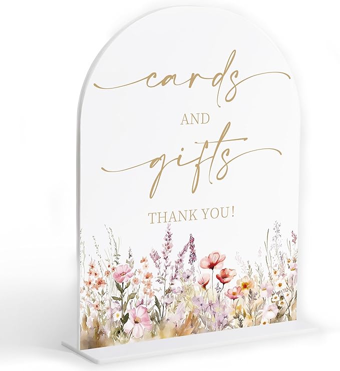 Boho Floral Wedding Cards and Gifts Sign, Wedding Reception Table Decorations, Arched Acrylic Table Sign with Base for Bri...