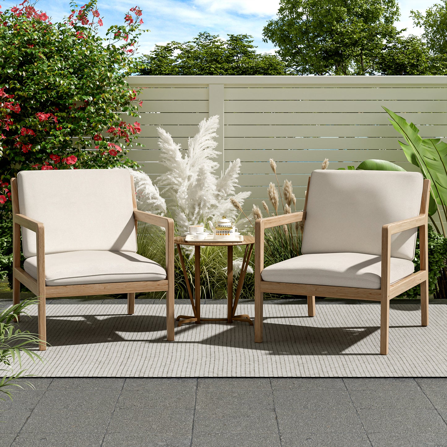 Outdoor Acacia Wood Armchair, Set Of 2, Patio Club Chair With Cushions, Light Teak