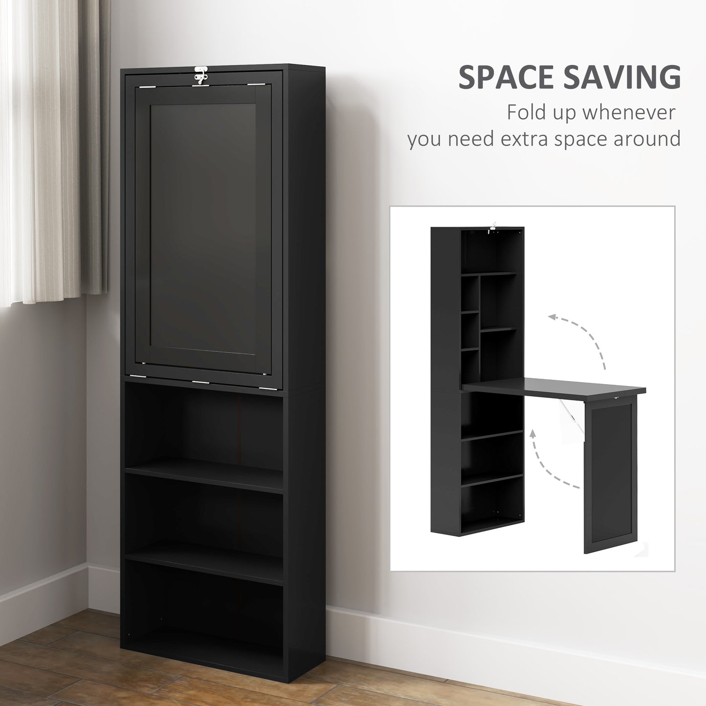 Fold-out Convertible Home Office Desk, Wall Mount Computer Desk with Blackboard and Side Shelf, Black