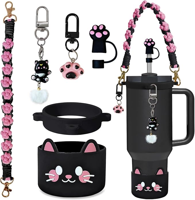 VirgoCCY 6PCS Cute Cat Stanley Cup Accessories Set for Stanley Cup 30oz 40oz, Includes Straw Topper, Siliocne Boot, Water ...