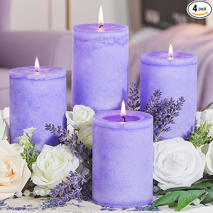 4 Pack Lavender Scented Pillar Candles-2.8x4 in Purple Decorative Candles,60-Hour Long Lasting Burn,Handmade Rustic Pillar...