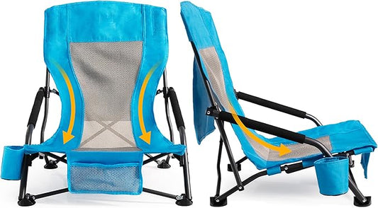 Foristrail Portable Folding Beach Chair for Adults Set of 2 - Lightweight Low Back Sling Chair with Cup Holder & Storage P...