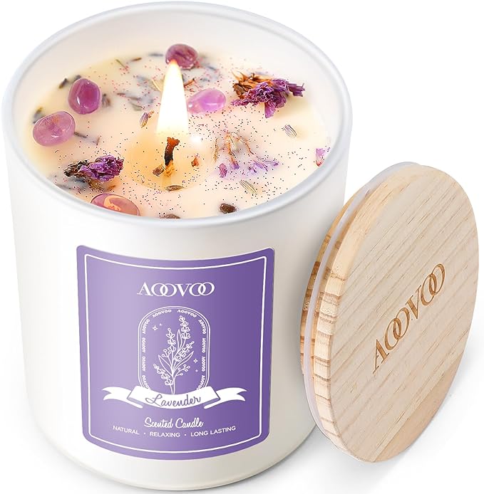 AOOVOO Lavender Scented Candles for Women - Aromatherapy Candle with Crystals Inside, 10oz Soy Candles for Home Scented, B...