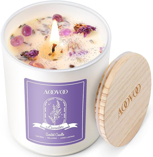 AOOVOO Lavender Scented Candles for Women - Aromatherapy Candle with Crystals Inside, 10oz Soy Candles for Home Scented, B...