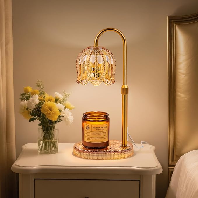 Shang Chiang Petal Candle Warmer Lamp with Timer & Dimmable Light Champagne Gold - Adjustable Height Jar Melter on Crystal...