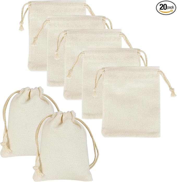 HRX Package 20pcs Little Muslin Bags 3x4 inches, Double Drawstring Cotton Jewelry Pouches Empty Sachet for Mini Gift Party...