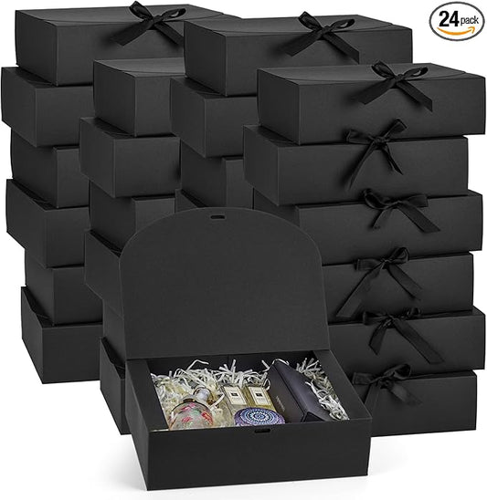 24 Pack Gift Boxes with Lids, 10.6x7.8x3.1 Inch Groomsmen Proposal Box, Luxury Black Gift Box with Ribbon for Wedding, Pac...