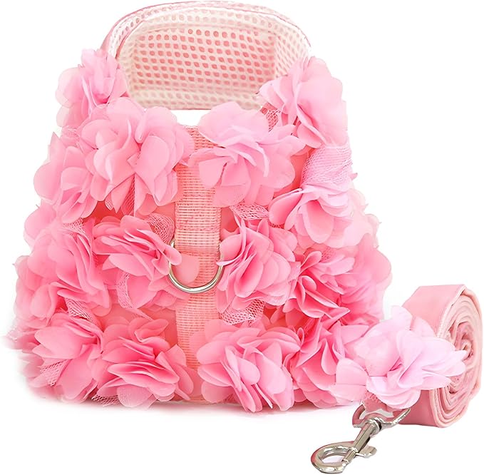 TENGZHI Cute Small Dog Harness and Leash Set Pink Lace Floral Girl Puppy Harness for Small Dogs Cats Soft Mesh Dog Vest Ha...
