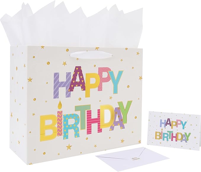 Qirrmiy 13'' Large Happy Birthday Gift Bag Set with Handles, Greeting Card, White Tissue Papers and Stickers for Women Gir...