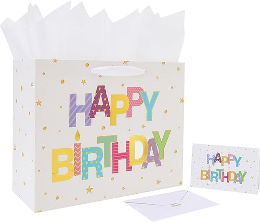 Qirrmiy 13'' Large Happy Birthday Gift Bag Set with Handles, Greeting Card, White Tissue Papers and Stickers for Women Gir...