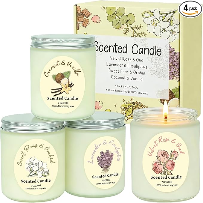 Scented Candles Gift Set 4 Pack, Soy Wax Aromatherapy Candles with Lavender Rose Coconut Vanilla, Long Lasting 200 Hours B...