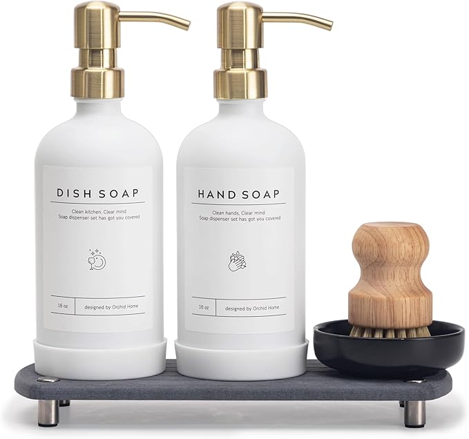 [Luxury] Kitchen Soap Dispenser Set - 16OZ White Glass Bottle, Stainless Steel Pump, Instant Dry Tray, Waterproof Labels, ...