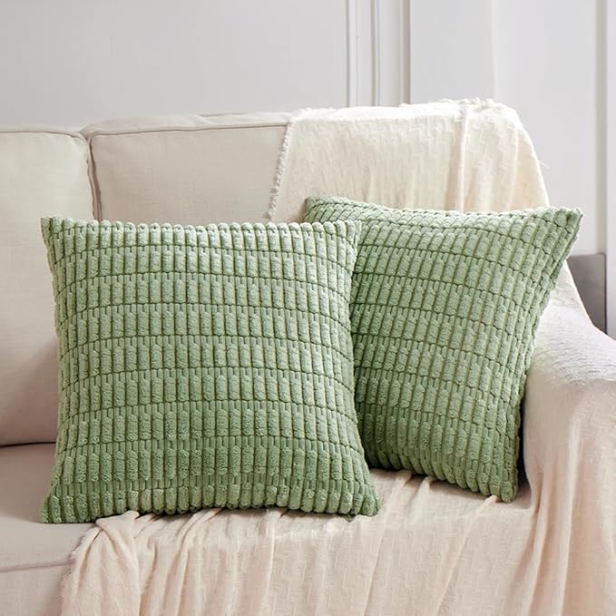 Fancy Homi 2 Packs Sage Green Decorative Throw Pillow Covers 18x18 Inch for Living Room Couch Bed Sofa, Soft Striped Cordu...