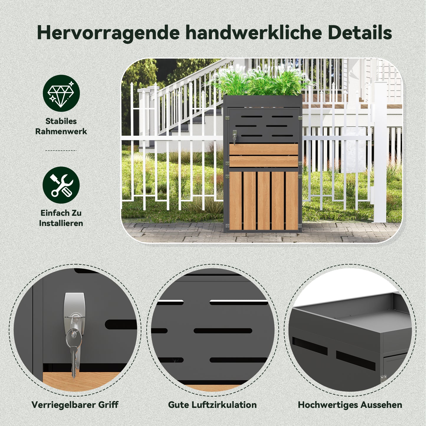 Multifunctional Outdoor Cabinet With Integrated Planter, Louvered Ventilation And Galvanised Steel Frame  Lockable Doors With Safety Chain For Storage & Garden Decoration, Without Waste Bin