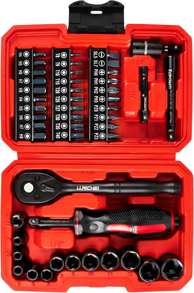 LLNDEI 48 Piece 1/4 Inch Mini Socket Ratchet Wrench Set, Metric Shallow Socket (4-14mm) 6-Point,with 72 Teeth Mini Ratchet...