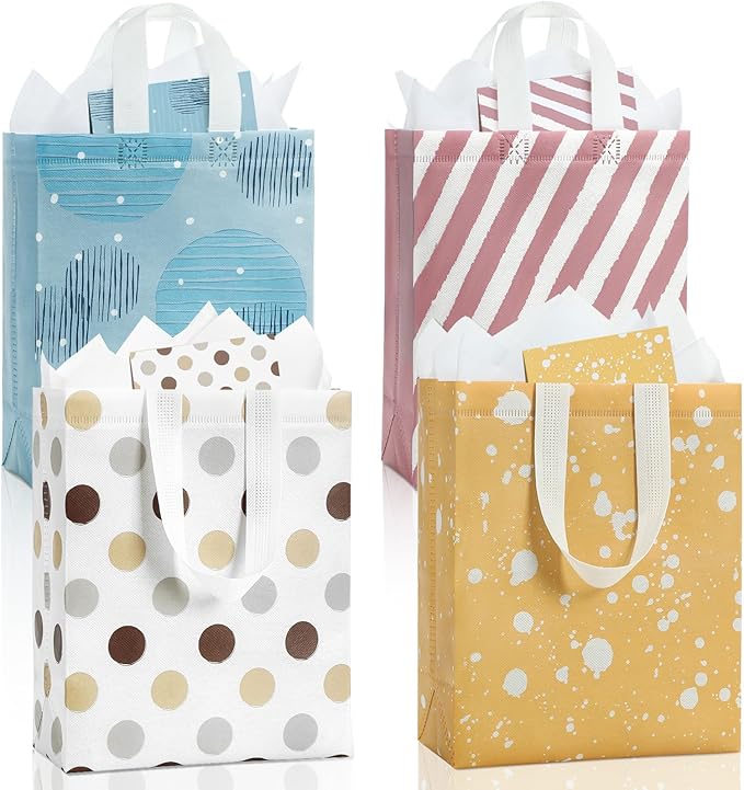 STYPOP 10" Gift Bags Medium Size (4 Pack) - Includes Tissue Paper & Cards, Reusable Non-Woven Gift Bags with handles, Perf...