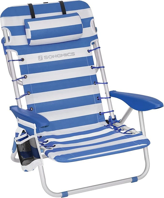 SONGMICS Portable Backpack Beach Chair, 331 lb Capacity, 4 Angles Adjustable Backrest, 2 Side Pockets, Towel Bar, Blue and...