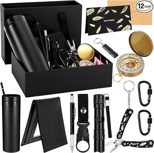 Acellegic 12 Pack Birthday Gift Basket for Men Survival Gift Box Set Tumbler Compass Multitool Pliers Flashlight Pen Whist...