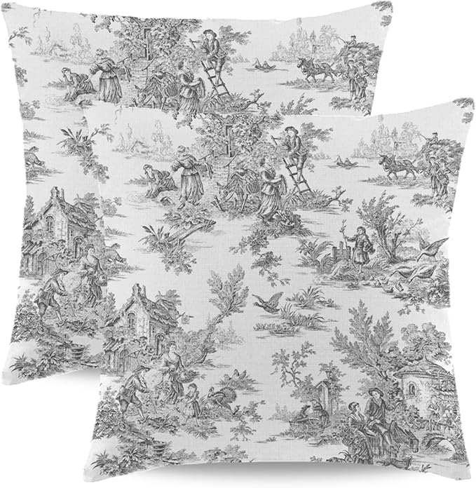 Wsunsal Black Grey Toile Pillow Covers 18x18 Inch Set of 2 Vintage French Country Throw Pillow Cover Farmhouse Square Line...