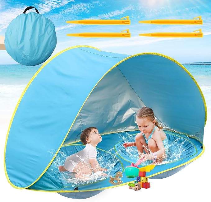 QTREE intelligence Baby Beach Tent-2 Pools Pop Up UPF 50+ Sunshade with Carry Bag, Portable for Travel,Beach,Camping,Indoor