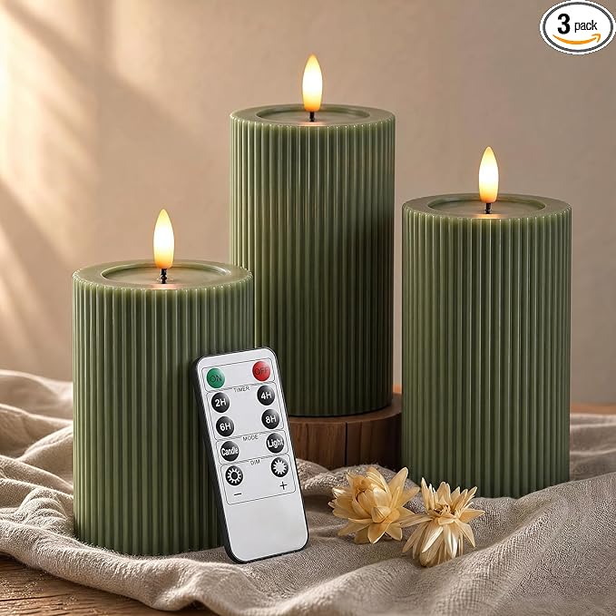 WYZworks Ribbed Fluted Real Wax Flameless LED Pillar Candles, Loden Sage Olive Green, Melted-Wax Top Look, Flickering Flam...