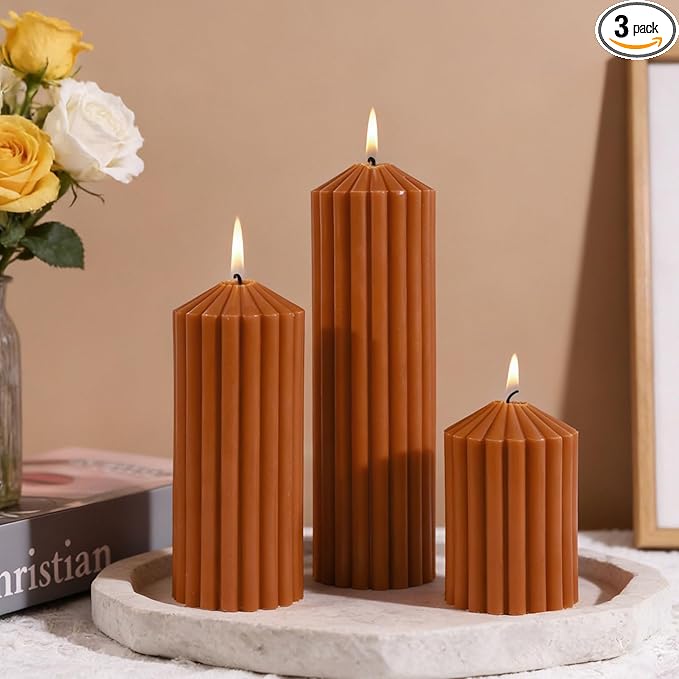 Burnt Orange Ribbed Pillar Candles Set of 3-Spiced Orange,Cinnamon & Clove Scented Soy Wax，Aesthetic Retro Textured Pillar...