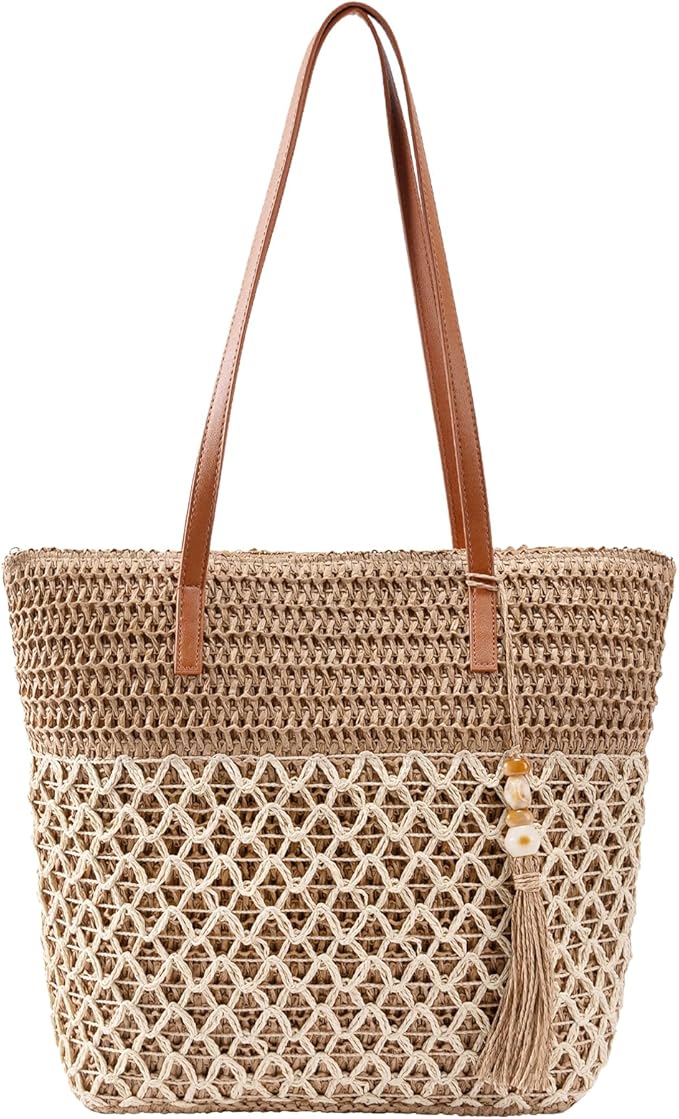 iSamzan Straw Tote Bag for Women: Handwoven Beach Purse with Cutout Design for Travel & Pool Day | Lightweight, Shopping, ...