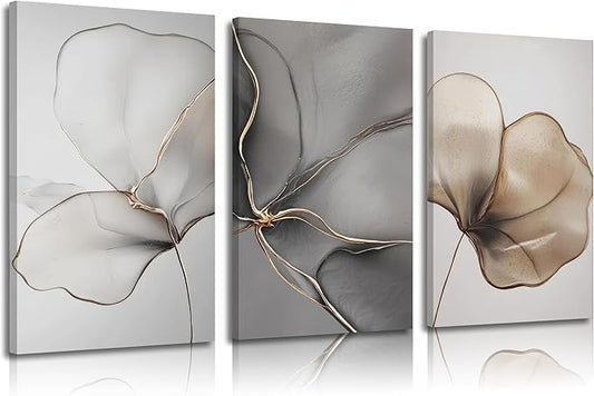 Abstract Floral Canvas Wall Art - Minimalist Gold Line Petal Picture Wall Decor - Modern Neutral Botanical Print Artwork f...