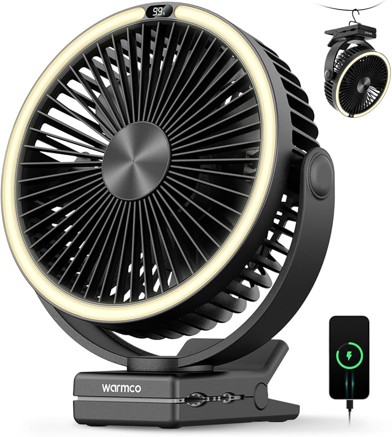 Warmco 15000mAh Portable Clip on Fan Rechargeable, 8 Inch Battery Powered Desk Fan, LED Lantern & Hook, 360° Rotate & 4 Sp...