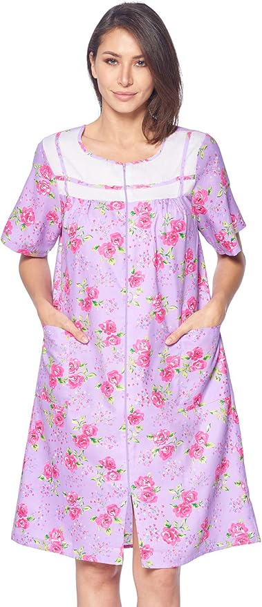 Casual Nights Women's Zipper Front House Dress Short Sleeve Woven Housecoat Duster Lounger Robe with Pockets