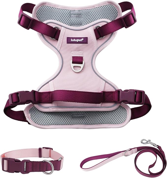 Pink Dog Harness Leash Collar Set, No Pull Reflective Dog Vest Harness with Control Handle, Adjustable Breathable Pet Harn...