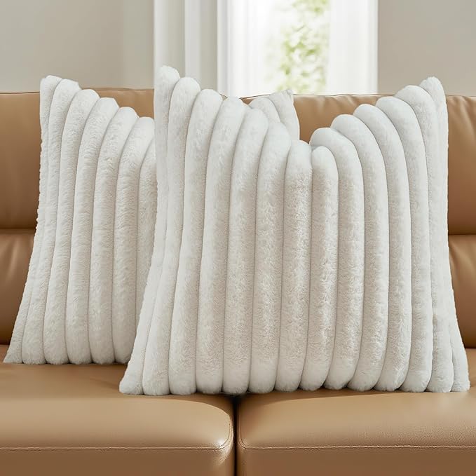 FUTEI Pack of 2 Solid Faux Fur Plush Throw Pillow Covers 18x18 Inch Soft Fluffy Striped Decorative Cushion Cases Modern Fa...