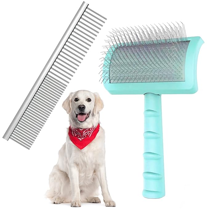 Neathoiho Large Slicker Brush & Green-comb Value Kit, Extra Long Pin Dog Grooming Brush for Curly Hair Goldendoodles, Remo...