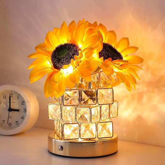 AMWGIMI Sunflowers Flower Lamp,Rechargeable Cordless Touch Table Lamp,3-Colour Infinitely Dimming Small Night Light,Festiv...