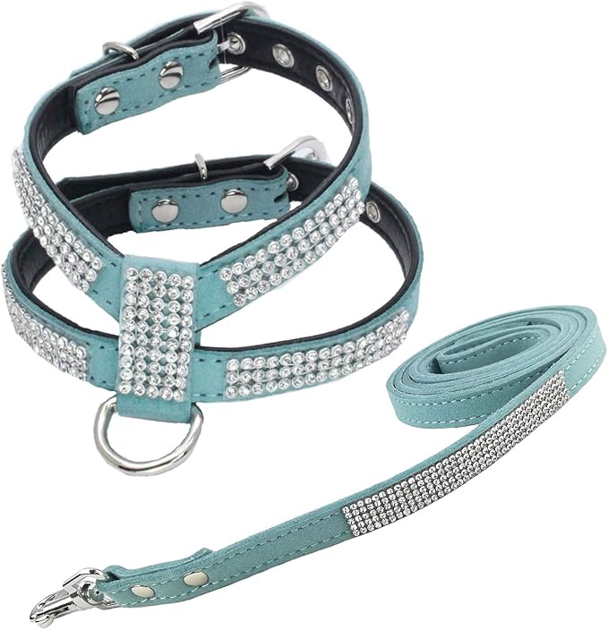 Newtensina Fashion Puppy Harness with Diamantes and Lead Cute Girl Bling Dog Harness with Bling Leash for Small Dogs - Blu...