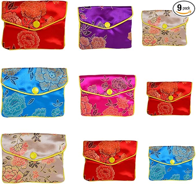 Baitaihem 9 Pack Jewelry Purse Pouch Gift Bags Chinese Silk Style Brocade Embroidered Bag,Multiple Colors(Small&Medium&Large)
