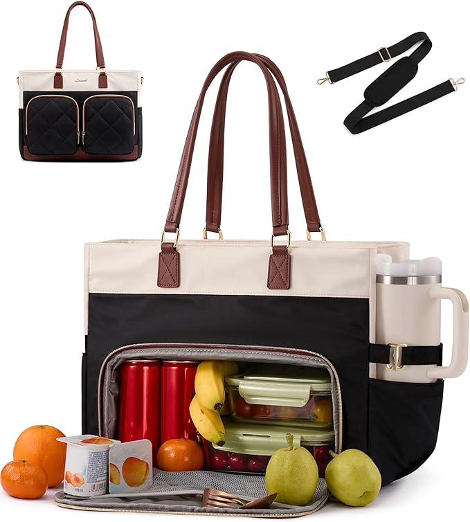 LOVEVOOK Laptop Lunch Bag Combo for Women, 15.6" Laptop Tote with Insulated Lunch Compartment & Cup Holder,Large Work Bag ...