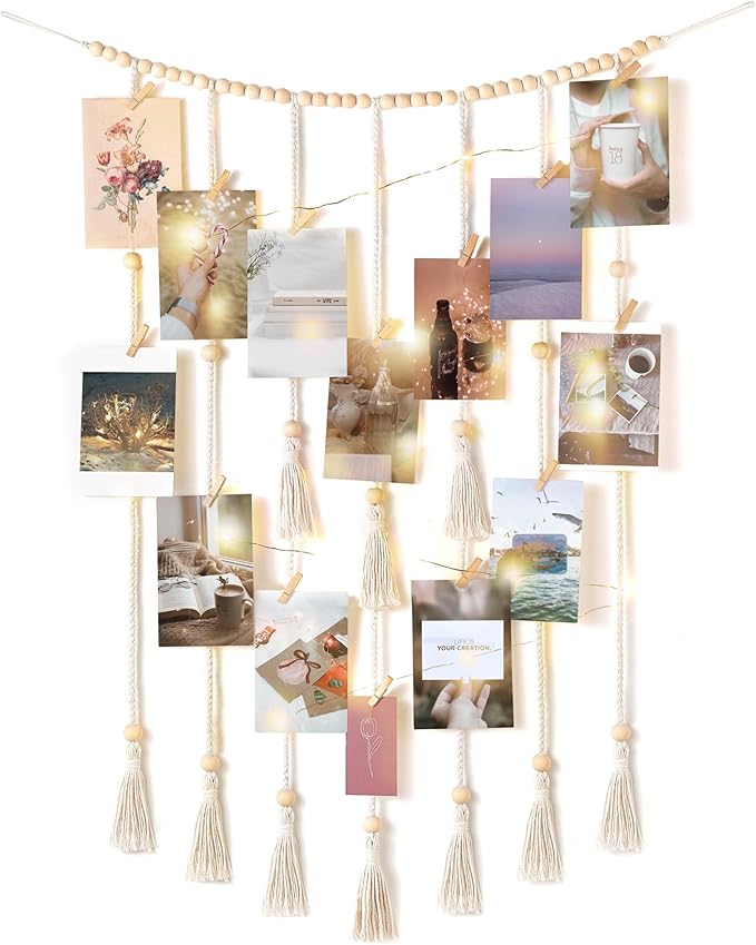 Mkono Macrame Hanging Photo Display Wall Decor with String Lights Boho Room Bedroom Wooden Beads Garland Picture Greeting ...