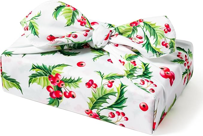 WRAPAHOLIC 26" Reusable Christmas Gift Wrap - 1 Piece Berry and Holly Natural Cotton Reusable Fabric Gift Wrap Christmas F...