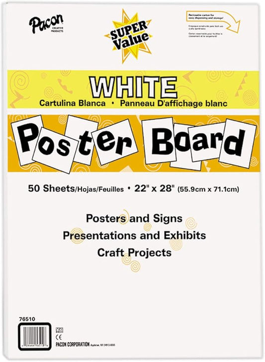 Pacon Super Value Poster Board, 22"X28", White, 50 Sheets