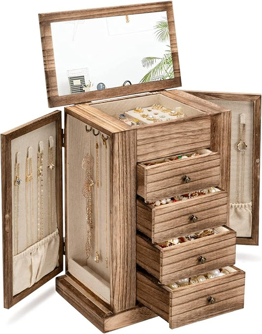 Emfogo Jewelry Box for Women, 5 Layer Large Wood Boxes & Organizers for Necklaces Earrings Rings Bracelets, Rustic Organiz...