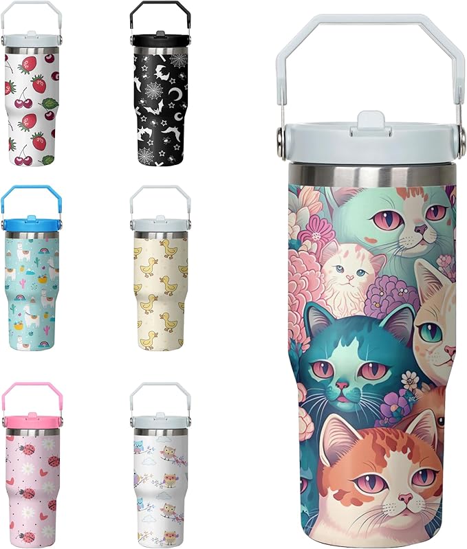 Xchearser Tumbler with Handle and Flip Straw for Women Men, 30oz Cute Cat Stainless Steel Insulated Cup, Water Bottle Trav...