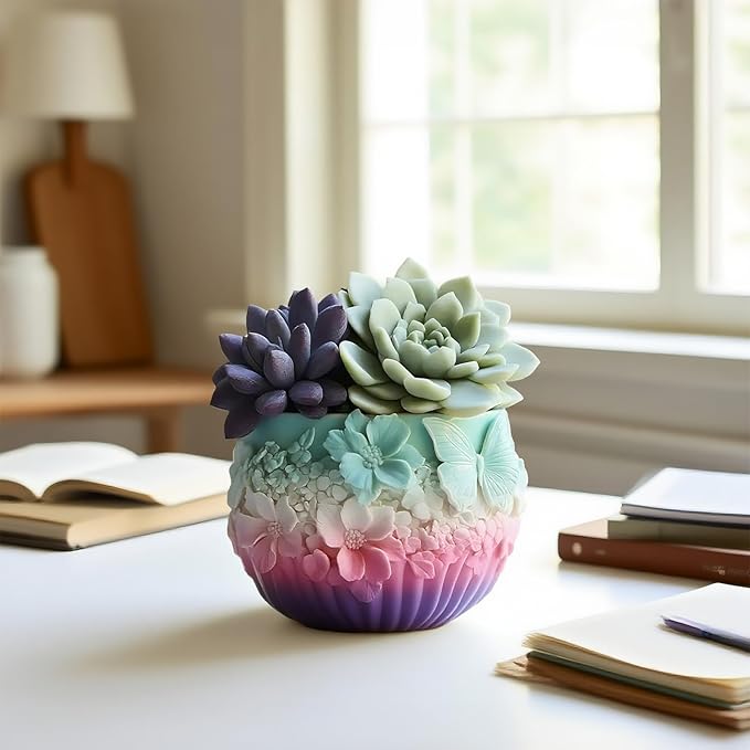 Emboss Flower Butterfly Flower Pot Container Resin Mold, Makeup Organizer Plaster Cup Candle Jar Silicone Mold, Epoxy Resi...